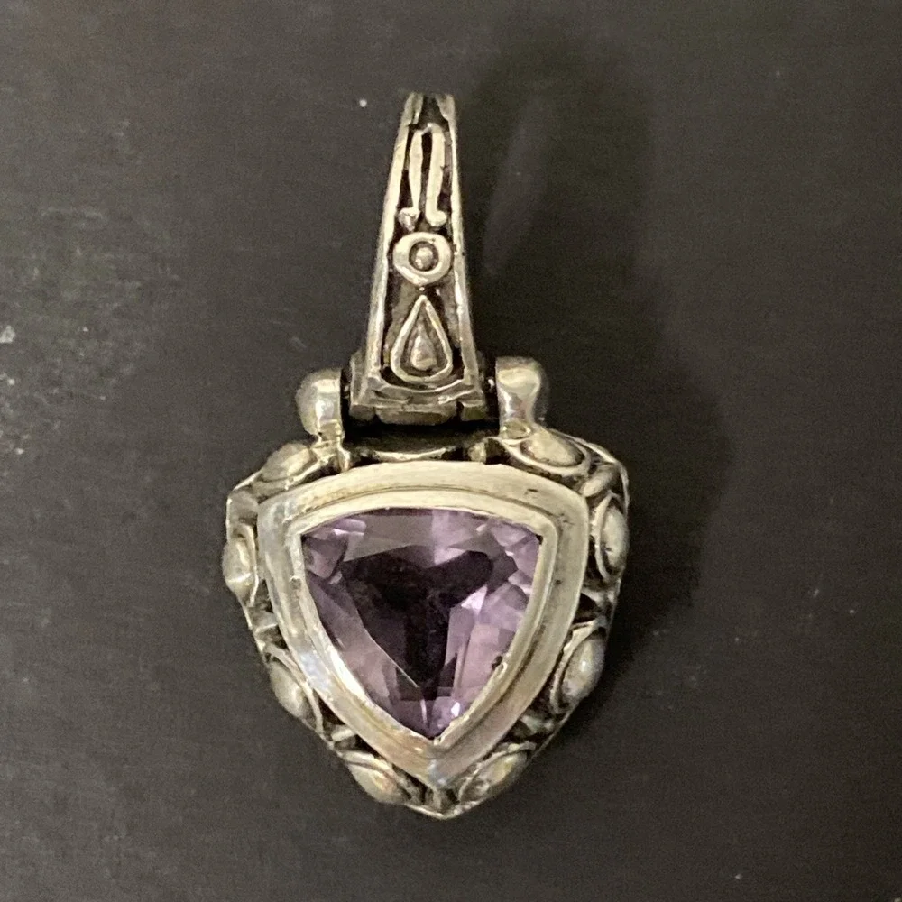 Vintage Sterling Silver & Faceted Amethyst Gemstone Pendant Necklace Bali Style